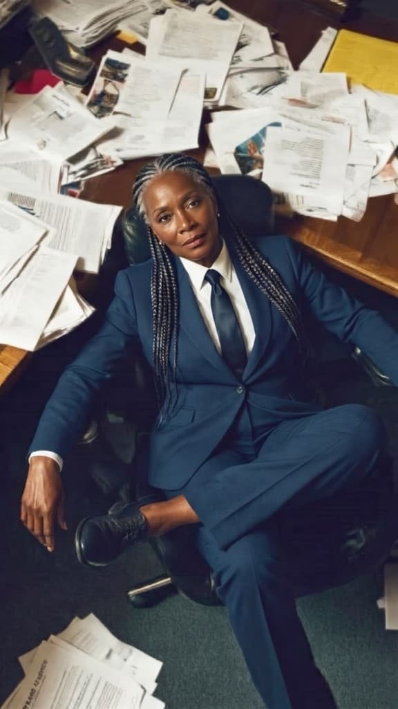 School administrator seated at a desk covered in paper records